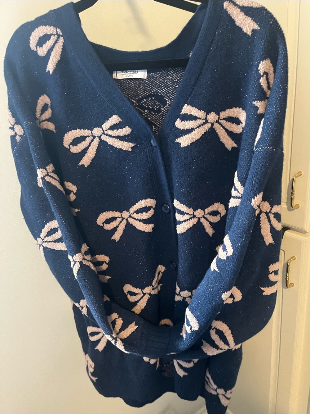 Smash + Tess Navy Cardigan with Pink Bow Motif